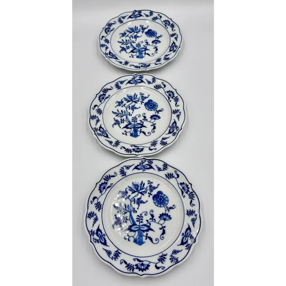 Danube 1950's Blue Onion Blue & White 3pc Dessert Plate Set Ribbon Hallmark Logo